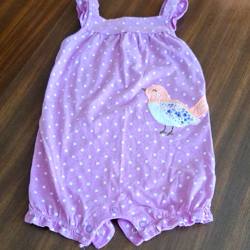 Carters Purple Polka Dot Baby Romper with Bird Design NWOT